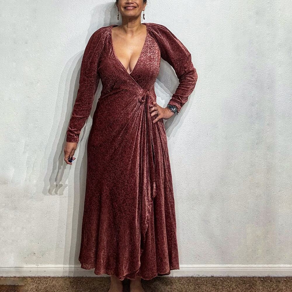 Tanya Taylor Rose Long Puff Sleeve Velvet Wrap Maxi Dress Sz 4